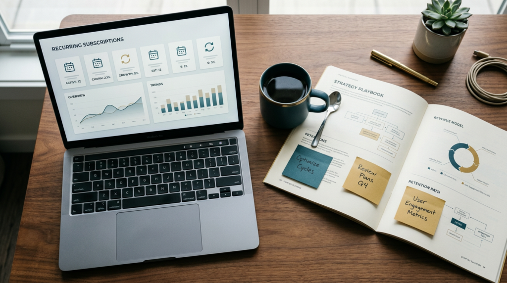 Schreibtisch mit Laptop, auf dem ein Abo-Dashboard läuft, daneben ein aufgeschlagenes Playbook mit Notizen