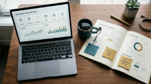 Schreibtisch mit Laptop, auf dem ein Abo-Dashboard läuft, daneben ein aufgeschlagenes Playbook mit Notizen